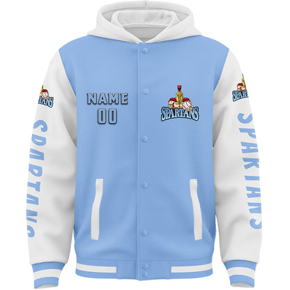 Custom Light Blue White Spartan Helmet Bomber Full-Snap Varsity Letterman Two Tone Hoodie Jacket