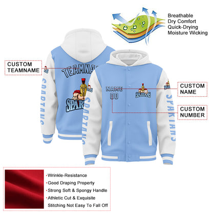 Custom Light Blue White Spartan Helmet Bomber Full-Snap Varsity Letterman Two Tone Hoodie Jacket