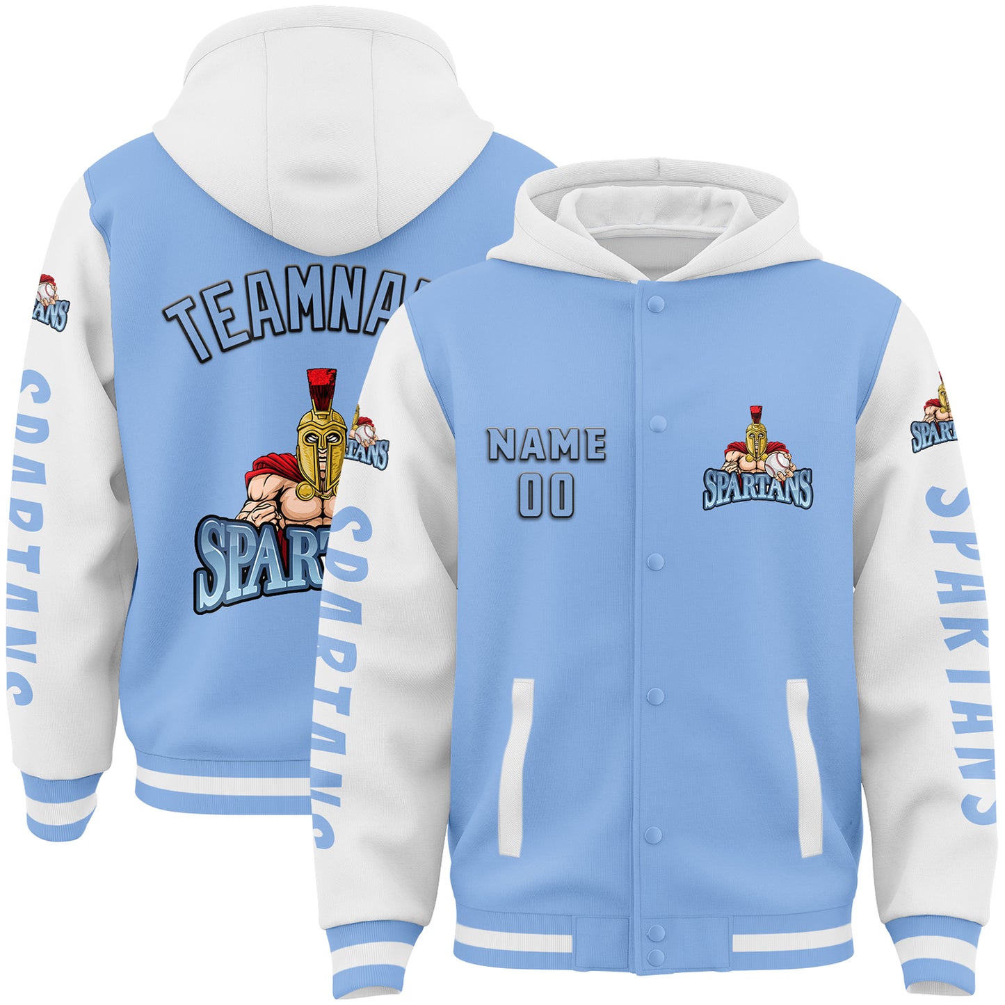 Custom Light Blue White Spartan Helmet Bomber Full-Snap Varsity Letterman Two Tone Hoodie Jacket