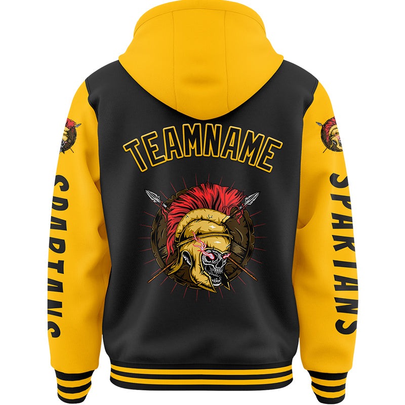 Custom Black Gold Spartan Skull Bomber Full-Snap Varsity Letterman Two Tone Hoodie Jacket