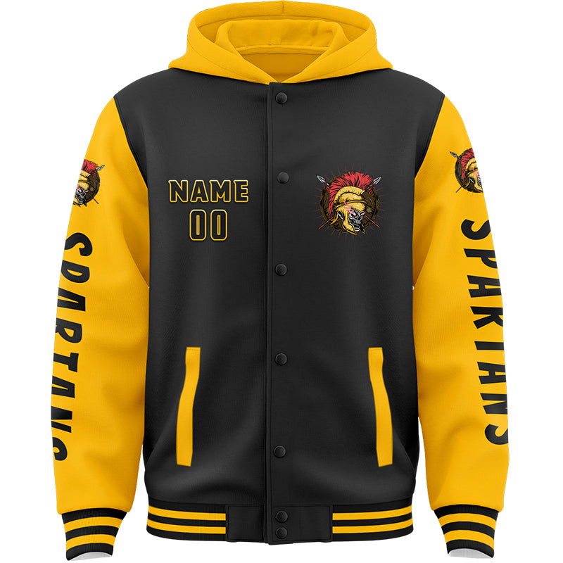 Custom Black Gold Spartan Skull Bomber Full-Snap Varsity Letterman Two Tone Hoodie Jacket