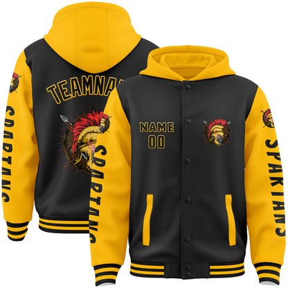 Custom Black Gold Spartan Skull Bomber Full-Snap Varsity Letterman Two Tone Hoodie Jacket