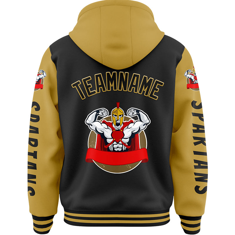 Custom Black Old Gold Spartan Fitness Muscle Bomber Full-Snap Varsity Letterman Two Tone Hoodie Jacket