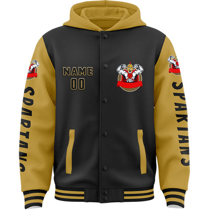 Custom Black Old Gold Spartan Fitness Muscle Bomber Full-Snap Varsity Letterman Two Tone Hoodie Jacket