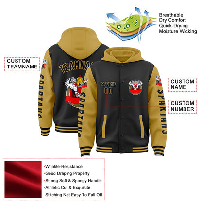 Custom Black Old Gold Spartan Fitness Muscle Bomber Full-Snap Varsity Letterman Two Tone Hoodie Jacket