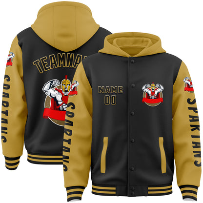 Custom Black Old Gold Spartan Fitness Muscle Bomber Full-Snap Varsity Letterman Two Tone Hoodie Jacket