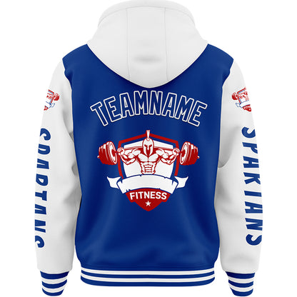 Custom Royal White Spartan Fitness Barbell Bomber Full-Snap Varsity Letterman Two Tone Hoodie Jacket