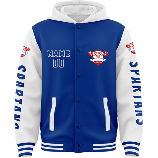 Custom Royal White Spartan Fitness Barbell Bomber Full-Snap Varsity Letterman Two Tone Hoodie Jacket