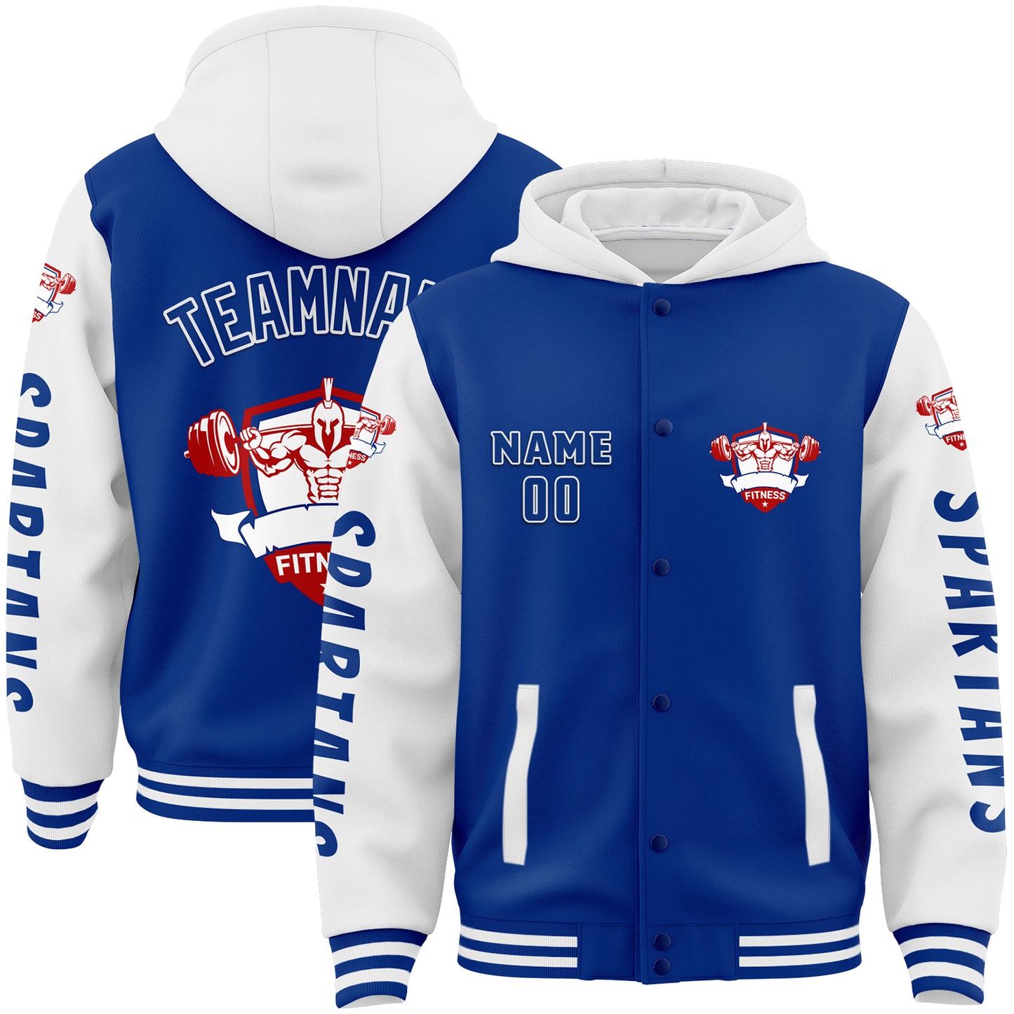 Custom Royal White Spartan Fitness Barbell Bomber Full-Snap Varsity Letterman Two Tone Hoodie Jacket