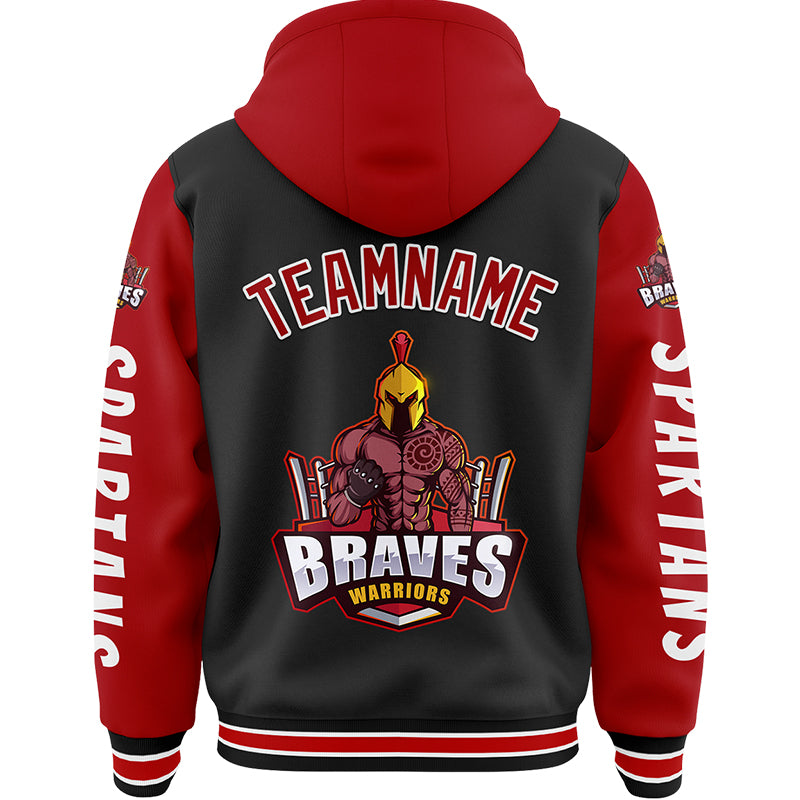 Custom Black Red Spartan Fitness Barbell Squat Bomber Full-Snap Varsity Letterman Two Tone Hoodie Jacket