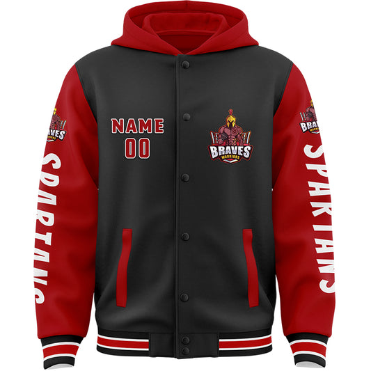 Custom Black Red Spartan Fitness Barbell Squat Bomber Full-Snap Varsity Letterman Two Tone Hoodie Jacket