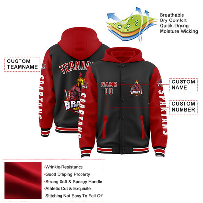 Custom Black Red Spartan Fitness Barbell Squat Bomber Full-Snap Varsity Letterman Two Tone Hoodie Jacket