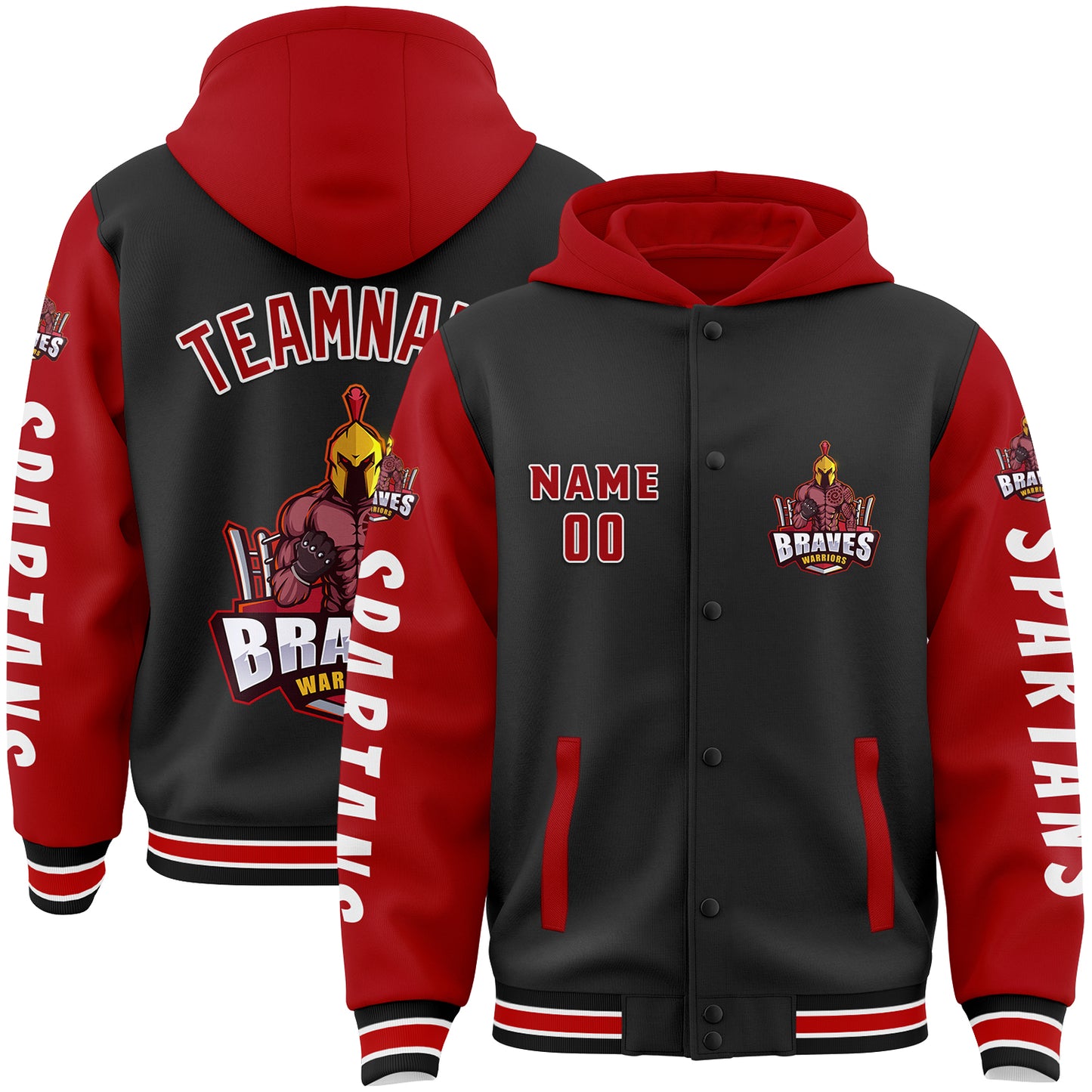 Custom Black Red Spartan Fitness Barbell Squat Bomber Full-Snap Varsity Letterman Two Tone Hoodie Jacket