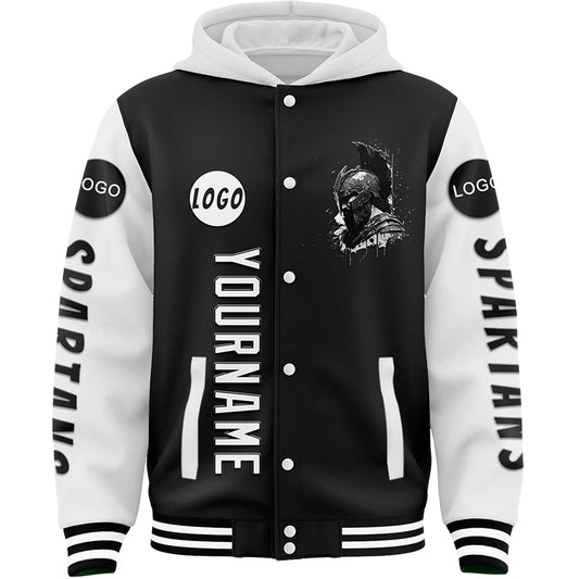 Custom Black White Spartan Helmet Bomber Full-Snap Varsity Letterman Two Tone Hoodie Jacket