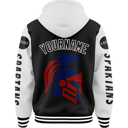 Custom Black White Spartan American Flag Bomber Full-Snap Varsity Letterman Two Tone Hoodie Jacket