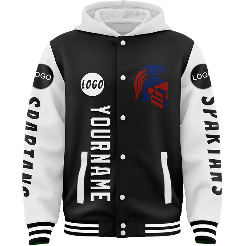 Custom Black White Spartan American Flag Bomber Full-Snap Varsity Letterman Two Tone Hoodie Jacket