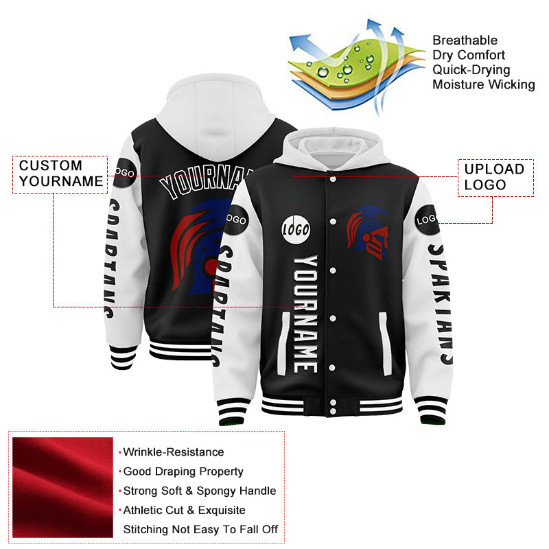 Custom Black White Spartan American Flag Bomber Full-Snap Varsity Letterman Two Tone Hoodie Jacket