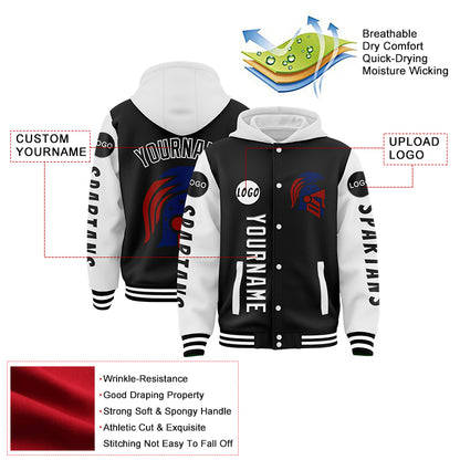 Custom Black White Spartan American Flag Bomber Full-Snap Varsity Letterman Two Tone Hoodie Jacket