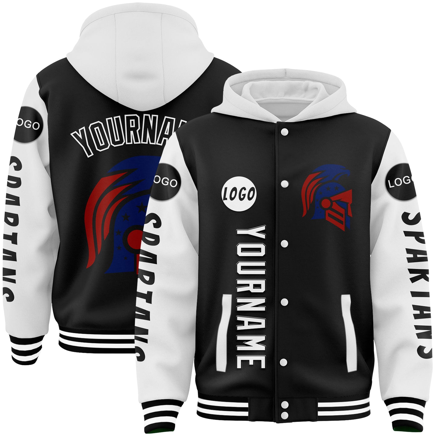 Custom Black White Spartan American Flag Bomber Full-Snap Varsity Letterman Two Tone Hoodie Jacket