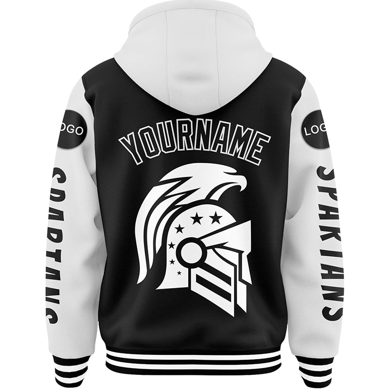 Custom Black White Spartan American Flag Bomber Full-Snap Varsity Letterman Two Tone Hoodie Jacket