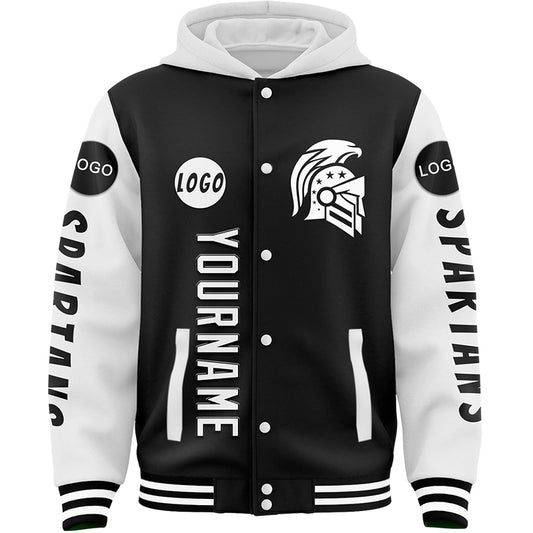 Custom Black White Spartan American Flag Bomber Full-Snap Varsity Letterman Two Tone Hoodie Jacket