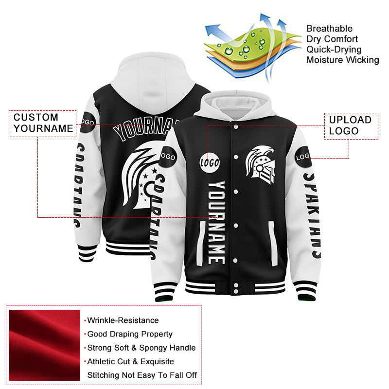 Custom Black White Spartan American Flag Bomber Full-Snap Varsity Letterman Two Tone Hoodie Jacket