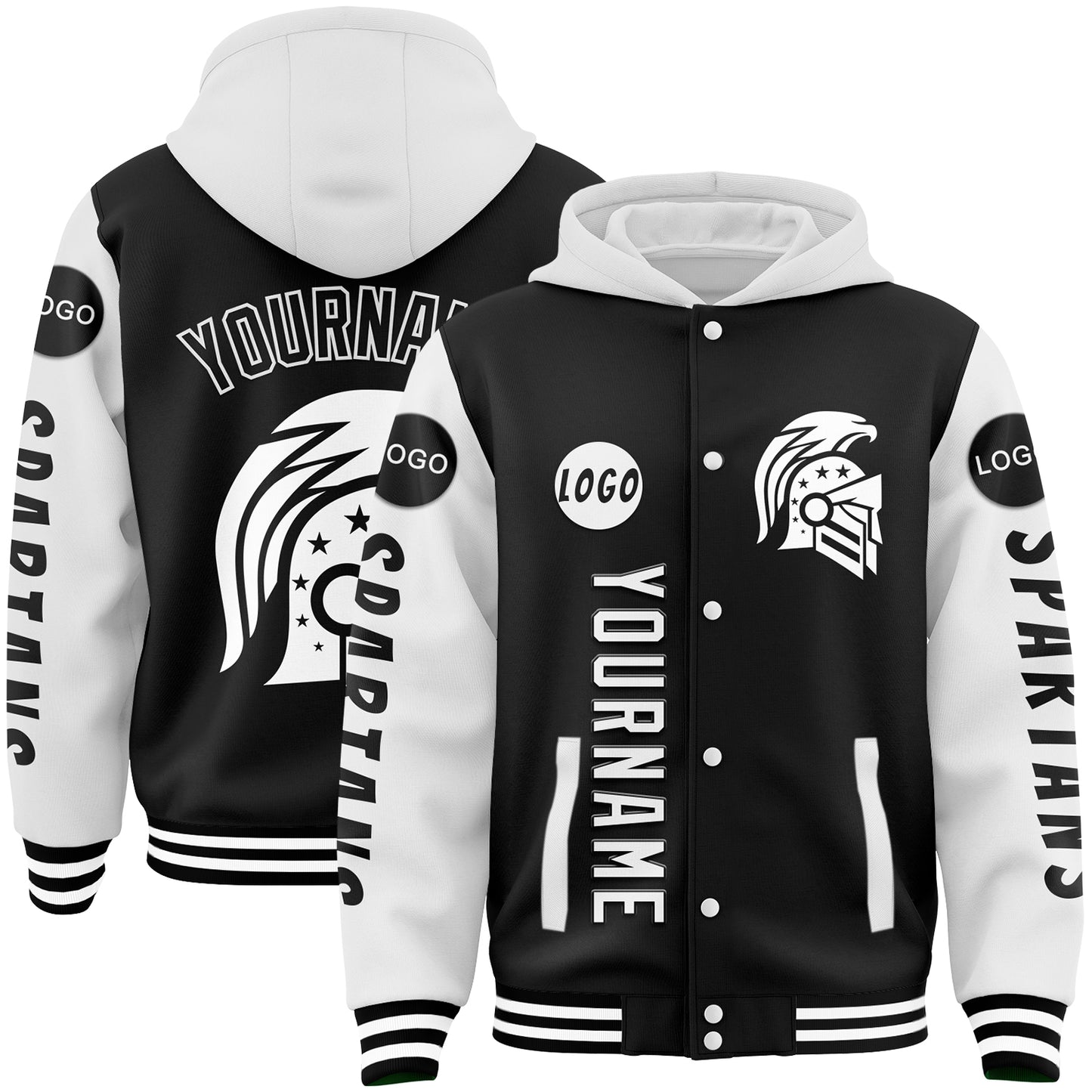 Custom Black White Spartan American Flag Bomber Full-Snap Varsity Letterman Two Tone Hoodie Jacket