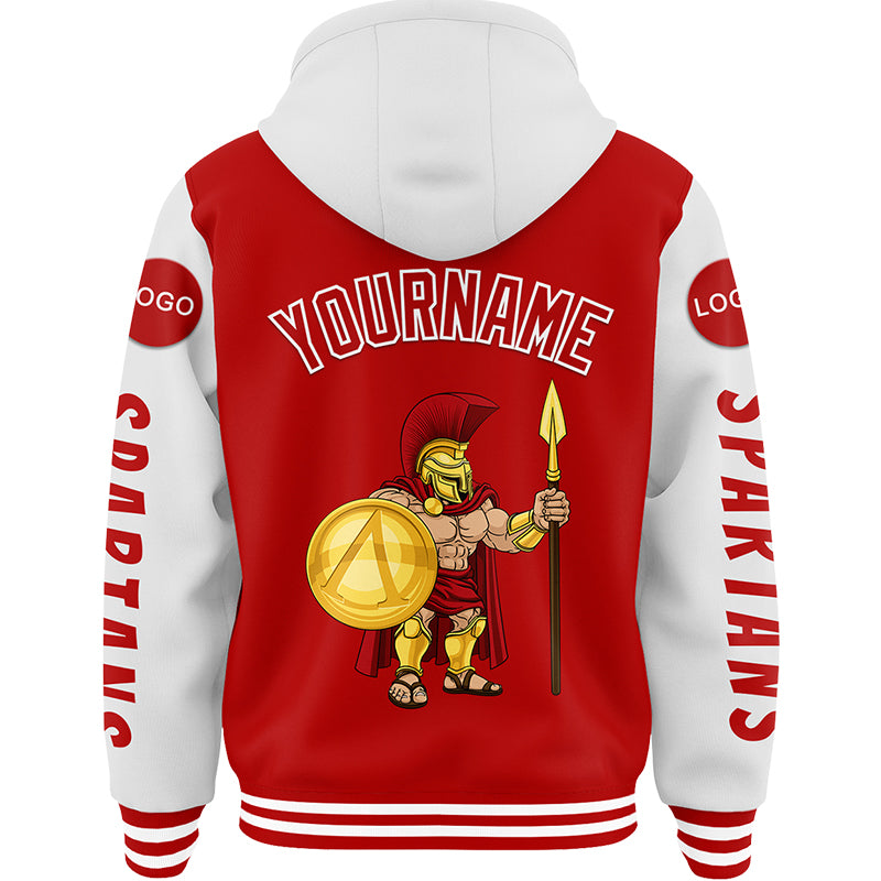 Custom Red White Spartan Warrior Bomber Full-Snap Varsity Letterman Two Tone Hoodie Jacket