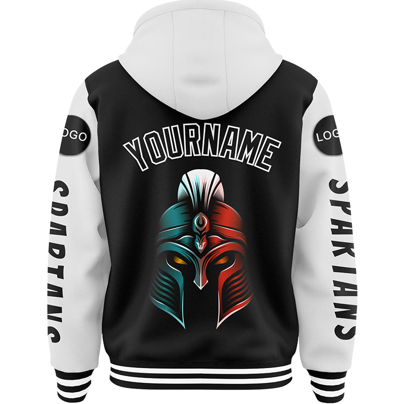 Custom Black White Spartan Helmet Bomber Full-Snap Varsity Letterman Two Tone Hoodie Jacket