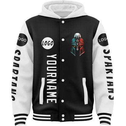 Custom Black White Spartan Helmet Bomber Full-Snap Varsity Letterman Two Tone Hoodie Jacket