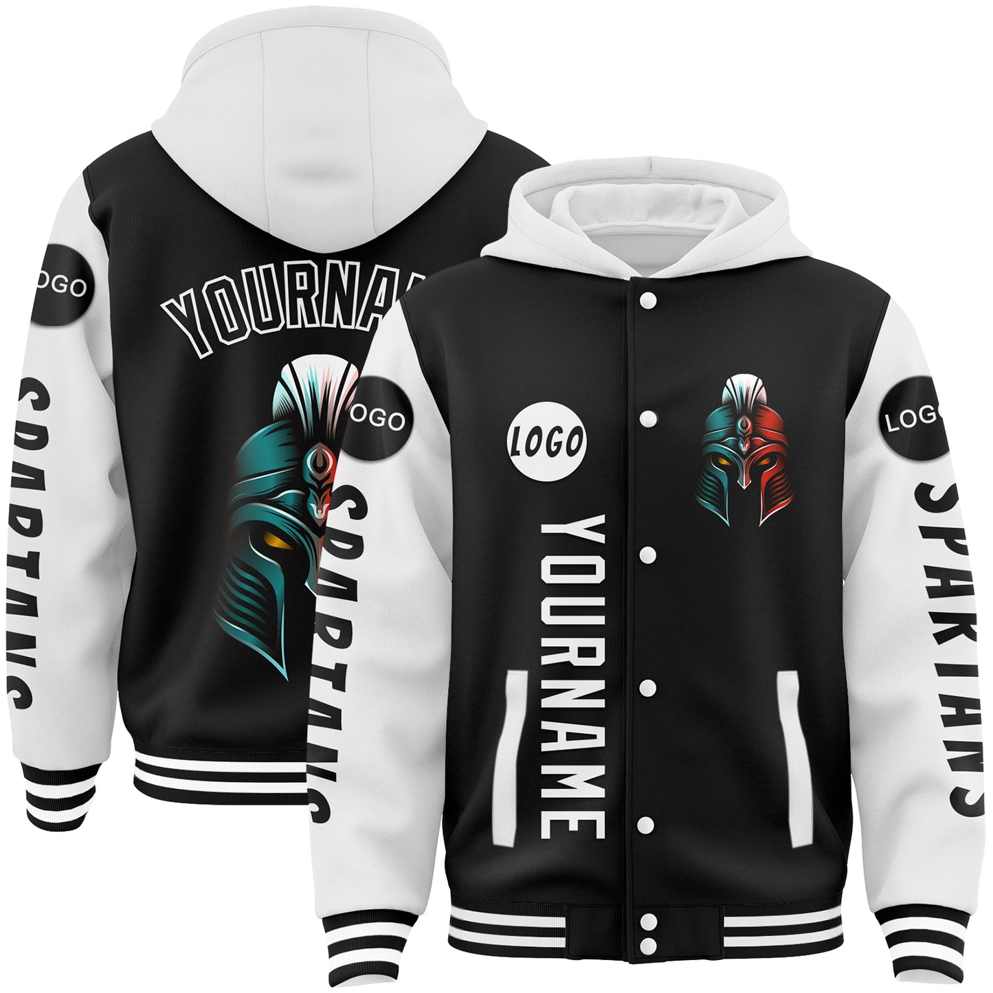 Custom Black White Spartan Helmet Bomber Full-Snap Varsity Letterman Two Tone Hoodie Jacket