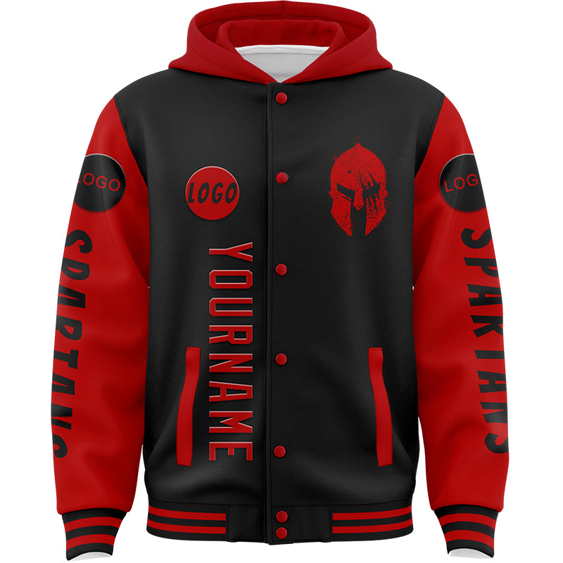 Custom Black Red Spartan Scratches Bomber Full-Snap Varsity Letterman Two Tone Hoodie Jacket