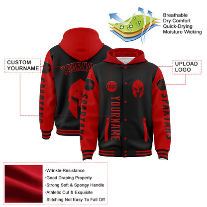 Custom Black Red Spartan Scratches Bomber Full-Snap Varsity Letterman Two Tone Hoodie Jacket