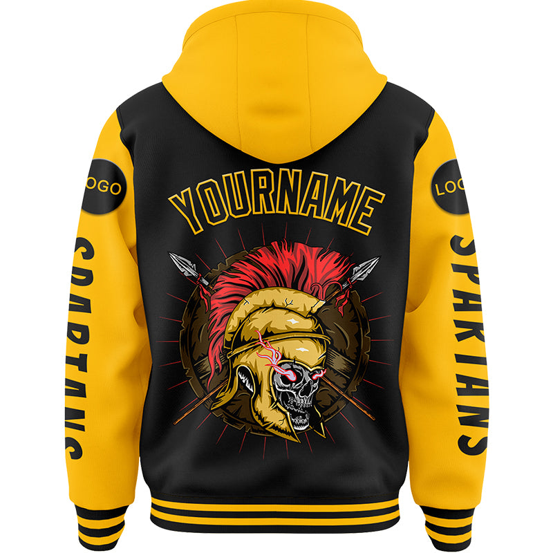 Custom Black Gold Spartan Skull Bomber Full-Snap Varsity Letterman Two Tone Hoodie Jacket