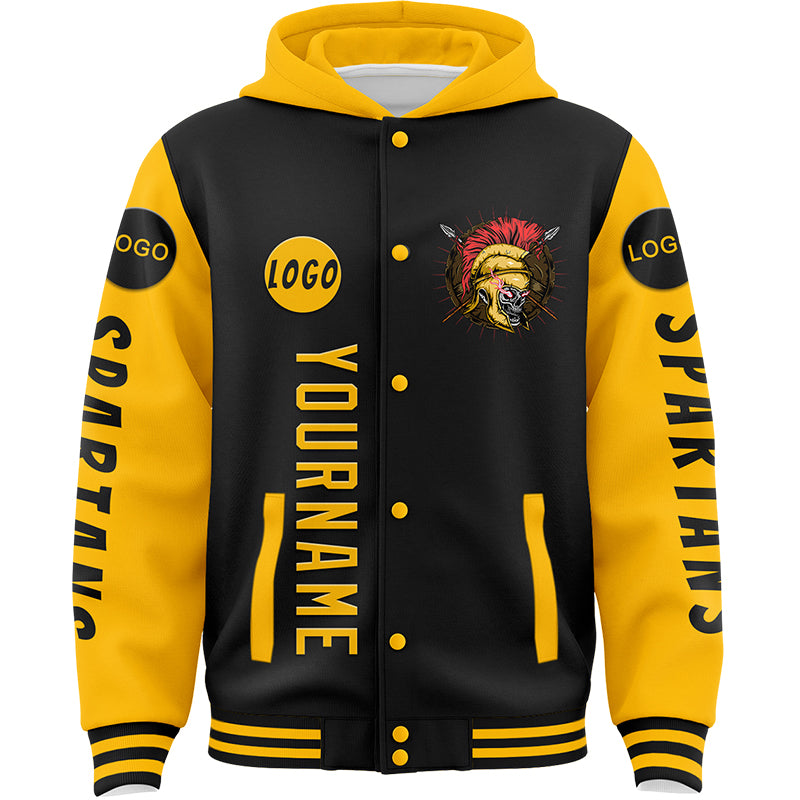 Custom Black Gold Spartan Skull Bomber Full-Snap Varsity Letterman Two Tone Hoodie Jacket