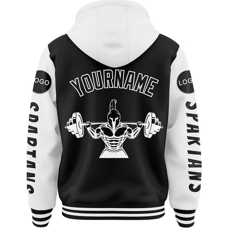 Custom Black White Spartan Fitness Barbell Squat Bomber Full-Snap Varsity Letterman Two Tone Hoodie Jacket