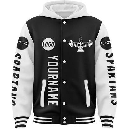 Custom Black White Spartan Fitness Barbell Squat Bomber Full-Snap Varsity Letterman Two Tone Hoodie Jacket