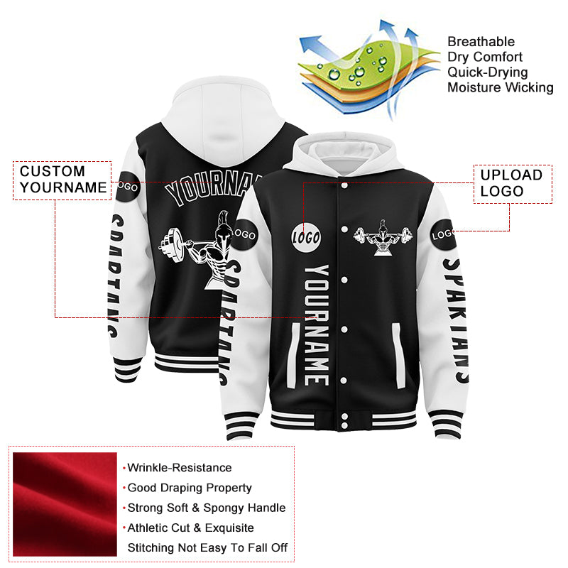 Custom Black White Spartan Fitness Barbell Squat Bomber Full-Snap Varsity Letterman Two Tone Hoodie Jacket