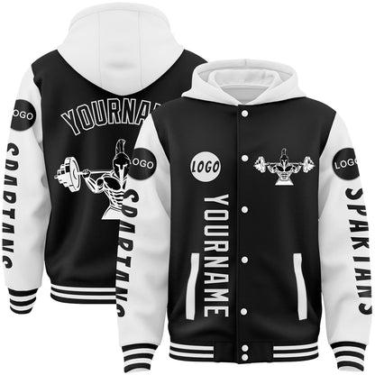 Custom Black White Spartan Fitness Barbell Squat Bomber Full-Snap Varsity Letterman Two Tone Hoodie Jacket