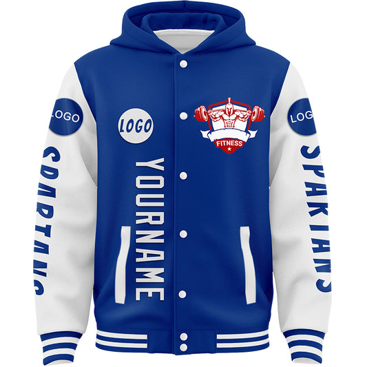 Custom Royal White Spartan Fitness Barbell Squat Bomber Full-Snap Varsity Letterman Two Tone Hoodie Jacket