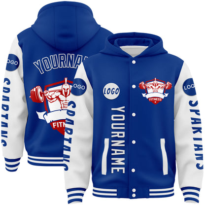 Custom Royal White Spartan Fitness Barbell Squat Bomber Full-Snap Varsity Letterman Two Tone Hoodie Jacket