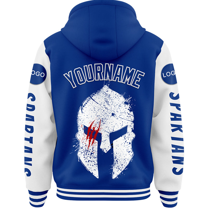 Custom Royal White Spartan Scratches Bomber Full-Snap Varsity Letterman Two Tone Hoodie Jacket