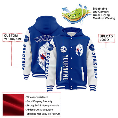 Custom Royal White Spartan Scratches Bomber Full-Snap Varsity Letterman Two Tone Hoodie Jacket