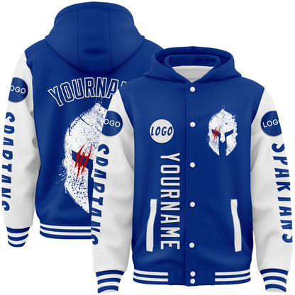 Custom Royal White Spartan Scratches Bomber Full-Snap Varsity Letterman Two Tone Hoodie Jacket