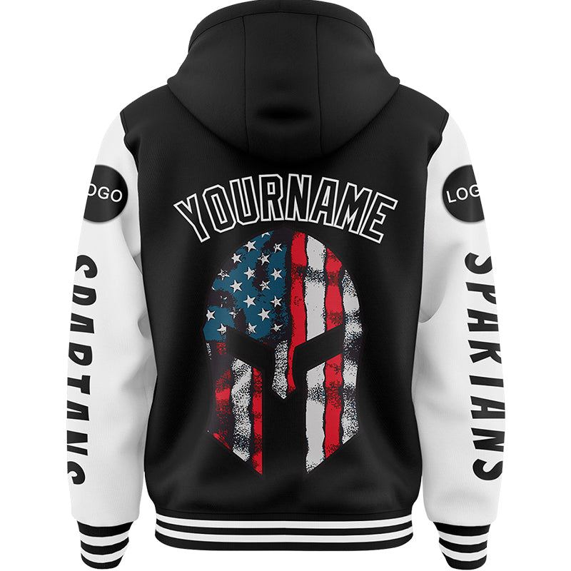 Custom Black White Spartan American Flag Bomber Full-Snap Varsity Letterman Two Tone Hoodie Jacket