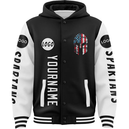 Custom Black White Spartan American Flag Bomber Full-Snap Varsity Letterman Two Tone Hoodie Jacket