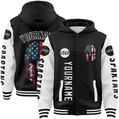 Custom Black White Spartan American Flag Bomber Full-Snap Varsity Letterman Two Tone Hoodie Jacket