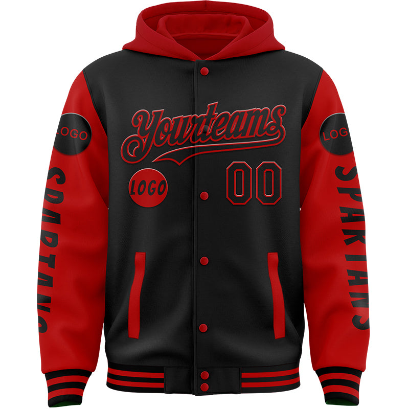 Custom Black Red Spartan Bomber Full-Snap Varsity Letterman Two Tone Hoodie Jacket