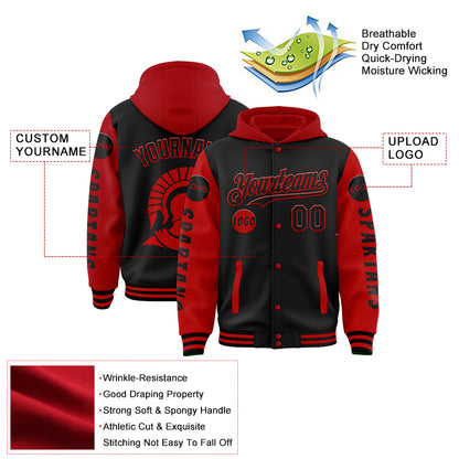 Custom Black Red Spartan Bomber Full-Snap Varsity Letterman Two Tone Hoodie Jacket