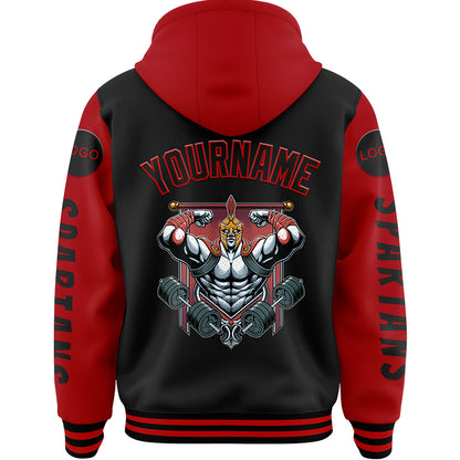 Custom Black Red Spartan Fitness Muscle Bomber Full-Snap Varsity Letterman Two Tone Hoodie Jacket